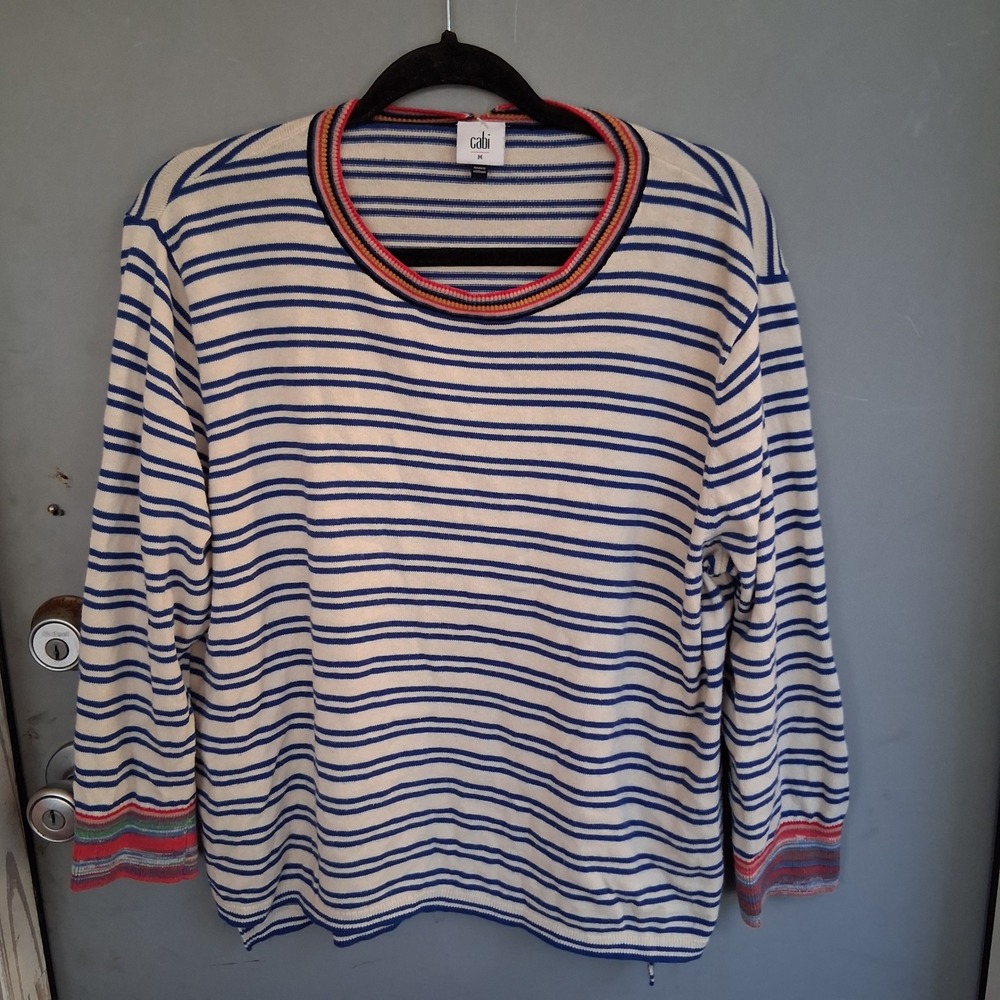 Vintage 80s 90s Womens Blue White Striped Sweater Rainbow Trim Crewneck M EVC